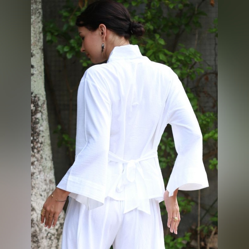 Eastern Serenity Sz M 100% Cotton Mandarin Collar V-neck Broad Cuff Asymmetrical - Picture 3 of 10